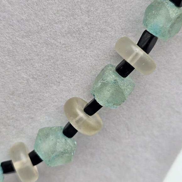 Handcrafted Recycled Green Glass Black Bead Necklace With Toggle Clasp - Picture 4 of 6